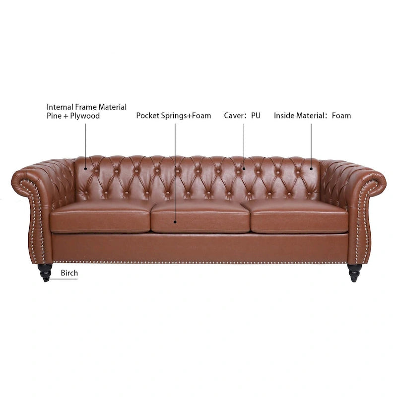 Élégant et classique canapé Chesterfield trois places de 84,65 po en cuir PU avec accoudoirs roulés - Pieds robustes en bouleau, revêtement doux