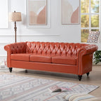 Élégant et classique canapé Chesterfield trois places de 84,65 po en cuir PU avec accoudoirs roulés - Pieds robustes en bouleau, revêtement doux