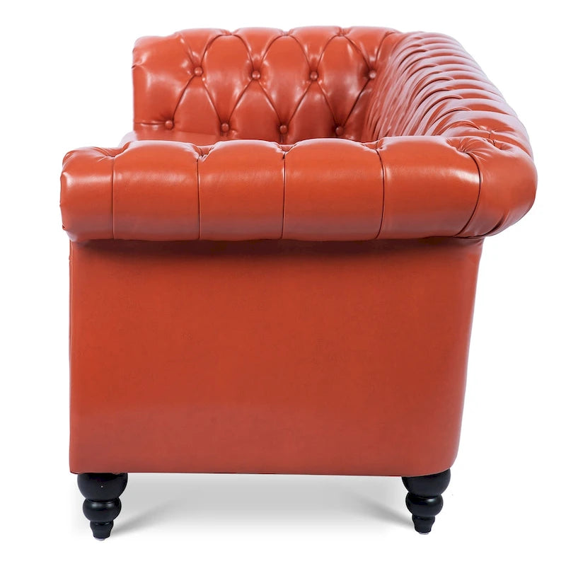 Élégant et classique canapé Chesterfield trois places de 84,65 po en cuir PU avec accoudoirs roulés - Pieds robustes en bouleau, revêtement doux