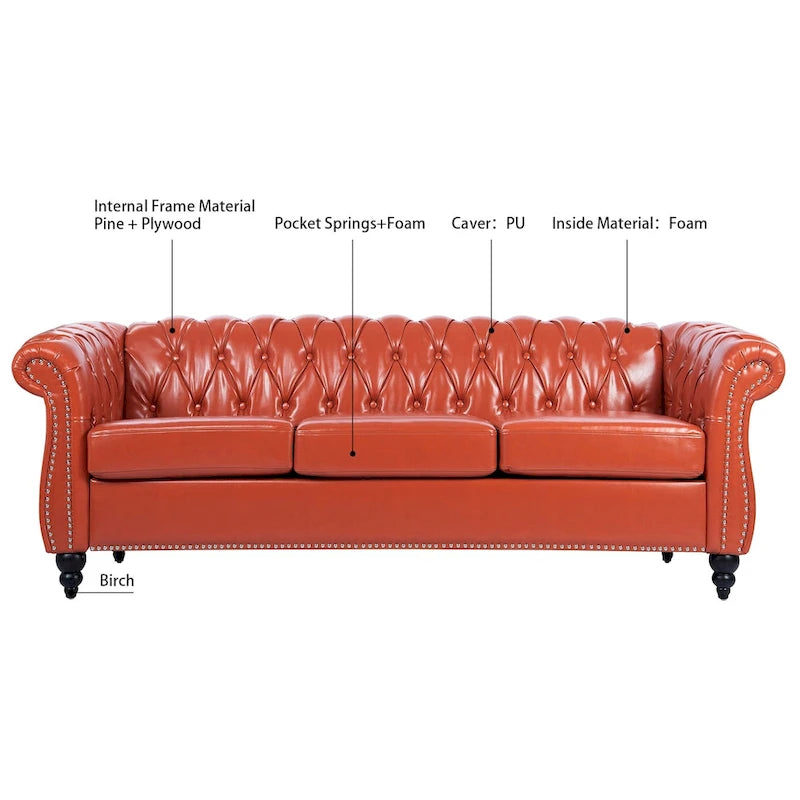 Élégant et classique canapé Chesterfield trois places de 84,65 po en cuir PU avec accoudoirs roulés - Pieds robustes en bouleau, revêtement doux
