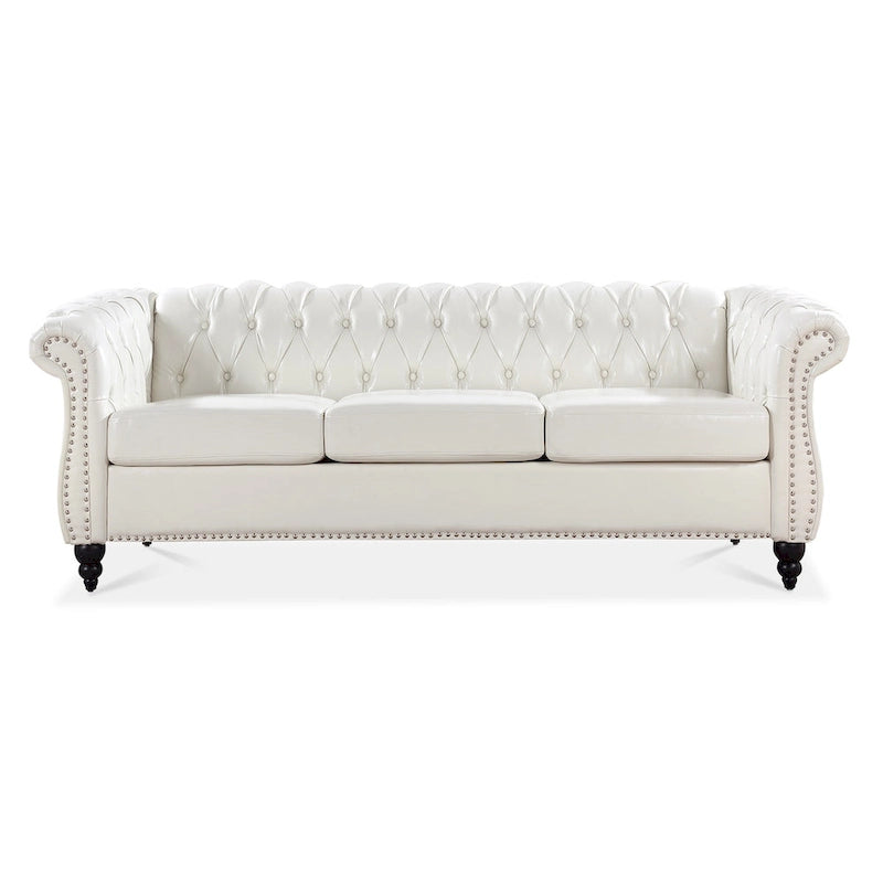 Élégant et classique canapé Chesterfield trois places de 84,65 po en cuir PU avec accoudoirs roulés - Pieds robustes en bouleau, revêtement doux