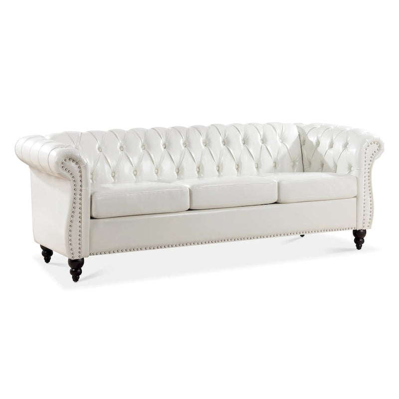 Élégant et classique canapé Chesterfield trois places de 84,65 po en cuir PU avec accoudoirs roulés - Pieds robustes en bouleau, revêtement doux