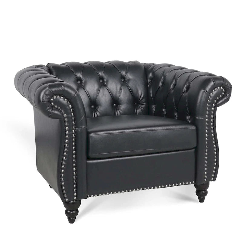 Élégant et classique canapé Chesterfield trois places de 84,65 po en cuir PU avec accoudoirs roulés - Pieds robustes en bouleau, revêtement doux