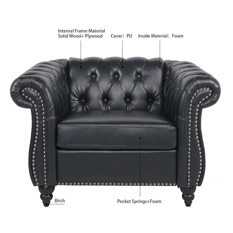 Élégant et classique canapé Chesterfield trois places de 84,65 po en cuir PU avec accoudoirs roulés - Pieds robustes en bouleau, revêtement doux