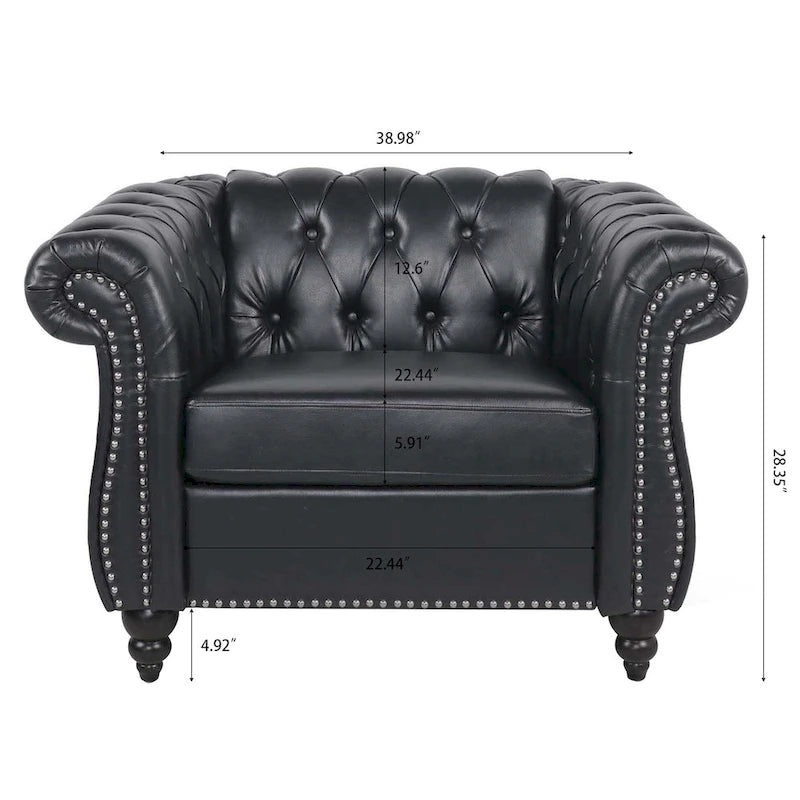 Élégant et classique canapé Chesterfield trois places de 84,65 po en cuir PU avec accoudoirs roulés - Pieds robustes en bouleau, revêtement doux