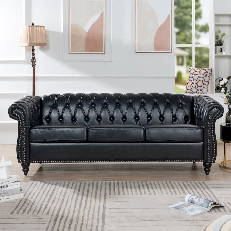 Élégant et classique canapé Chesterfield trois places de 84,65 po en cuir PU avec accoudoirs roulés - Pieds robustes en bouleau, revêtement doux