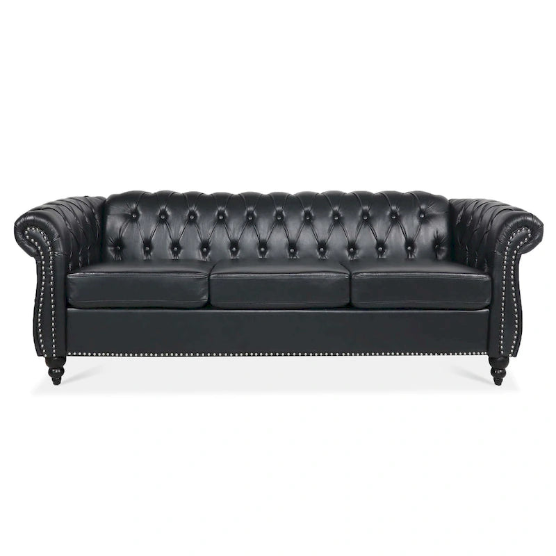Élégant et classique canapé Chesterfield trois places de 84,65 po en cuir PU avec accoudoirs roulés - Pieds robustes en bouleau, revêtement doux