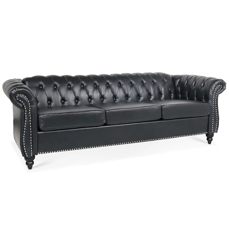 Élégant et classique canapé Chesterfield trois places de 84,65 po en cuir PU avec accoudoirs roulés - Pieds robustes en bouleau, revêtement doux