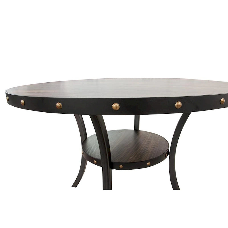 Table de salle à manger de 48 pouces, plateau rond avec garniture cloutée et étagère, bois noir