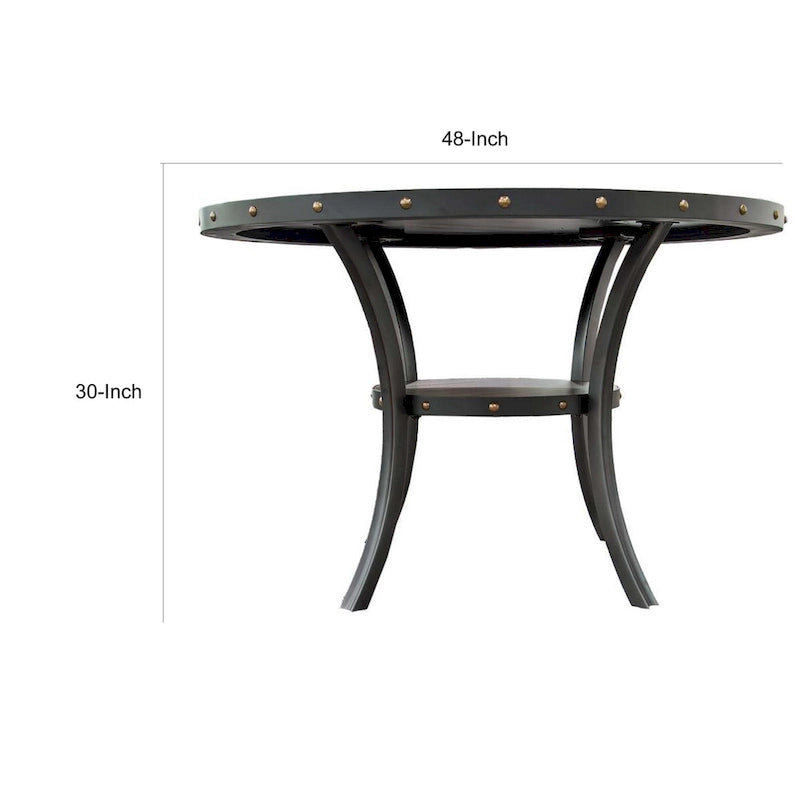Table de salle à manger de 48 pouces, plateau rond avec garniture cloutée et étagère, bois noir