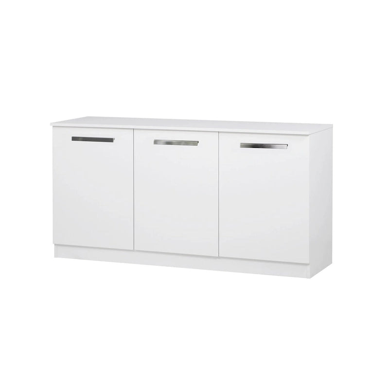 Bahut à trois portes au fini grain de bois blanc, meuble de rangement contemporain