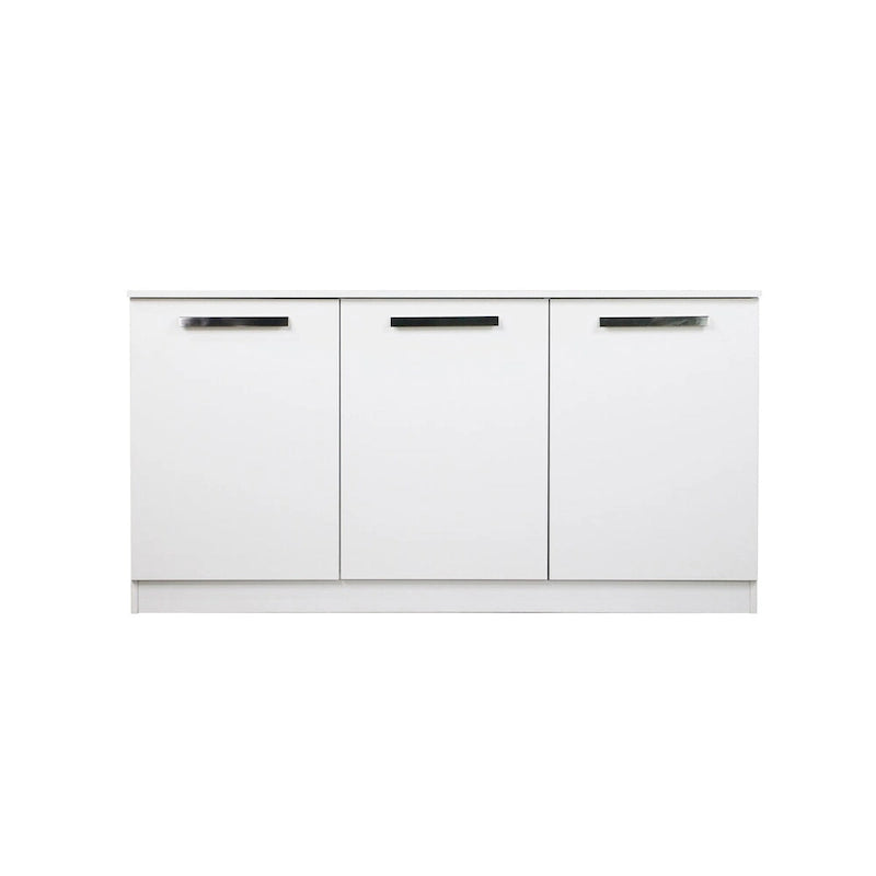 Bahut à trois portes au fini grain de bois blanc, meuble de rangement contemporain