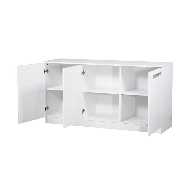 Bahut à trois portes au fini grain de bois blanc, meuble de rangement contemporain