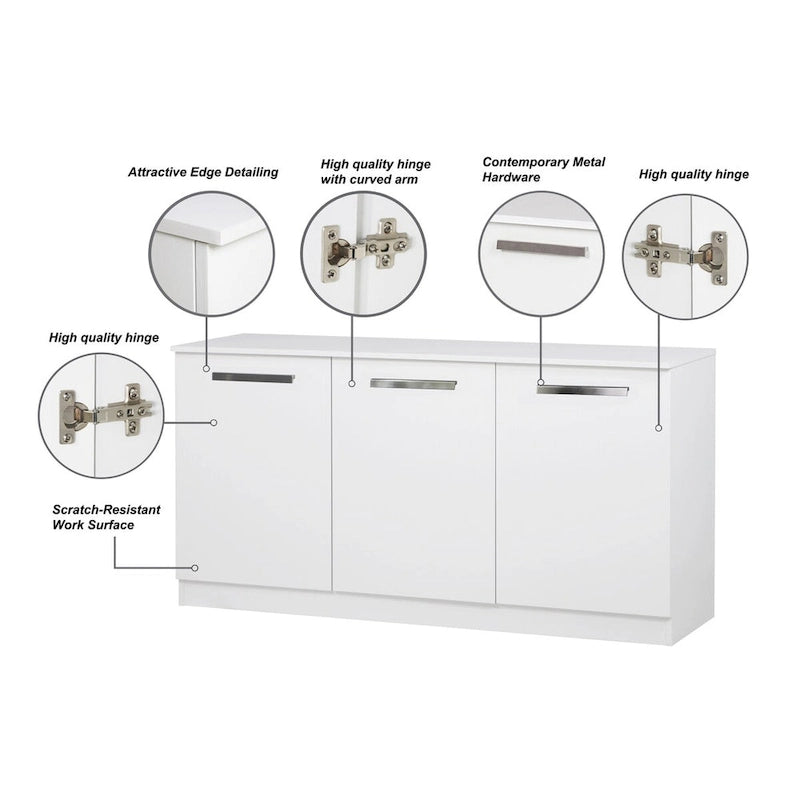 Bahut à trois portes au fini grain de bois blanc, meuble de rangement contemporain