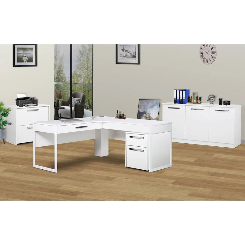 Bahut à trois portes au fini grain de bois blanc, meuble de rangement contemporain