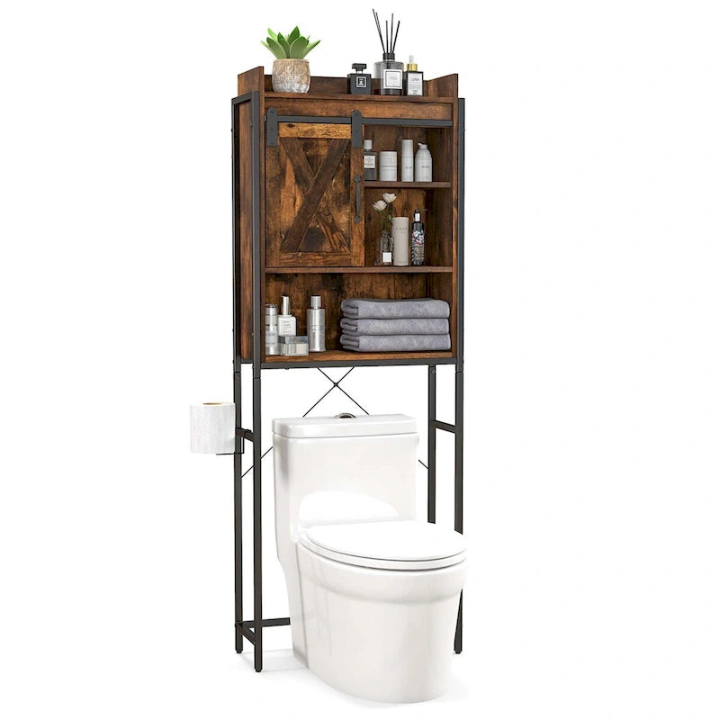 Meuble de rangement de salle de bain au-dessus des toilettes avec porte coulissante de style grange
