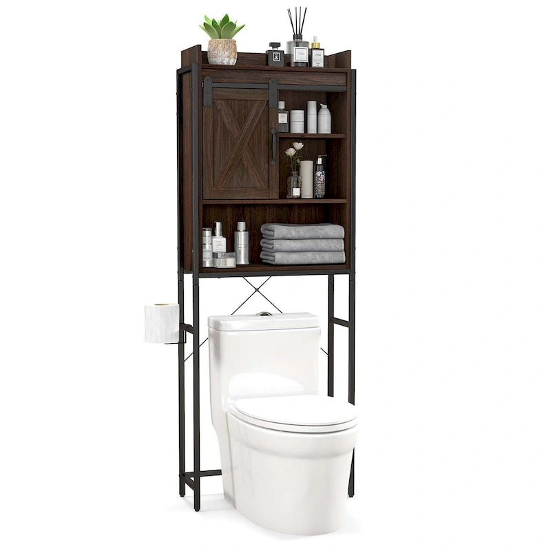 Meuble de rangement de salle de bain au-dessus des toilettes avec porte coulissante de style grange