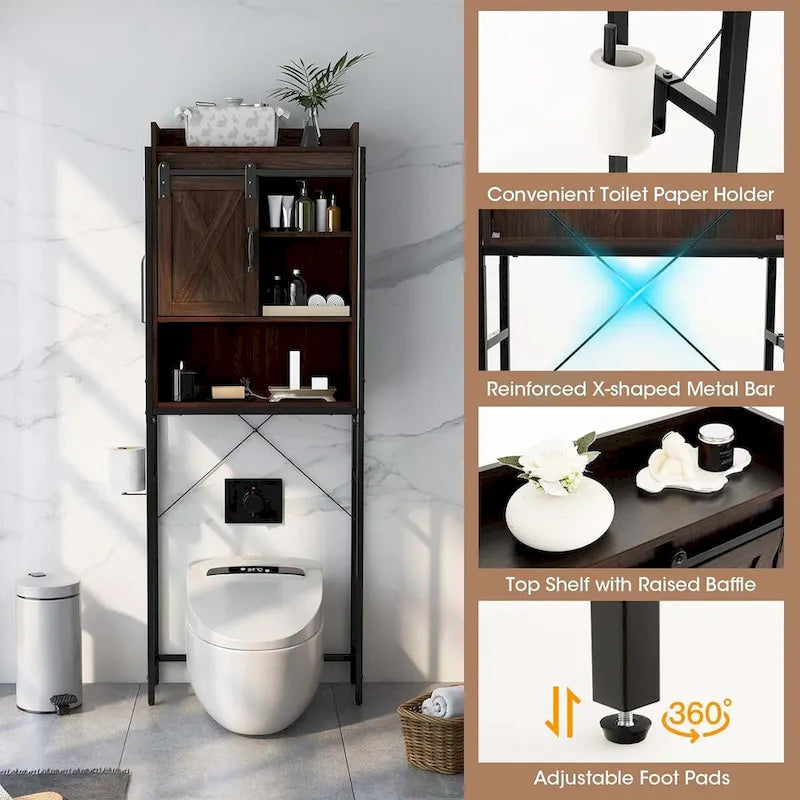 Meuble de rangement de salle de bain au-dessus des toilettes avec porte coulissante de style grange