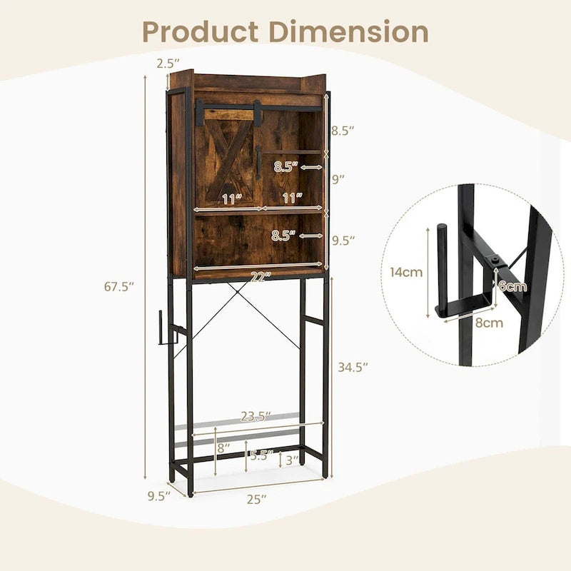 Meuble de rangement de salle de bain au-dessus des toilettes avec porte coulissante de style grange