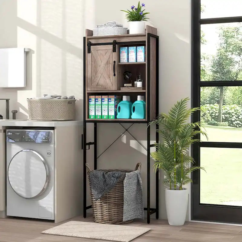 Meuble de rangement de salle de bain au-dessus des toilettes avec porte coulissante de style grange