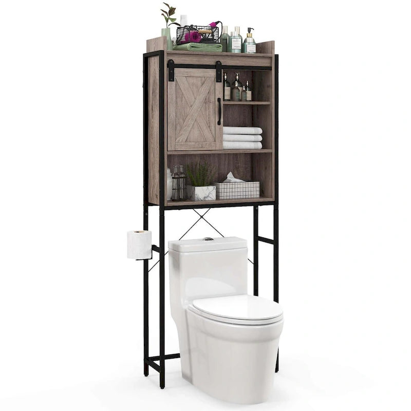 Meuble de rangement de salle de bain au-dessus des toilettes avec porte coulissante de style grange