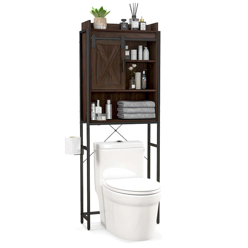 Meuble de rangement de salle de bain au-dessus des toilettes avec porte coulissante de style grange